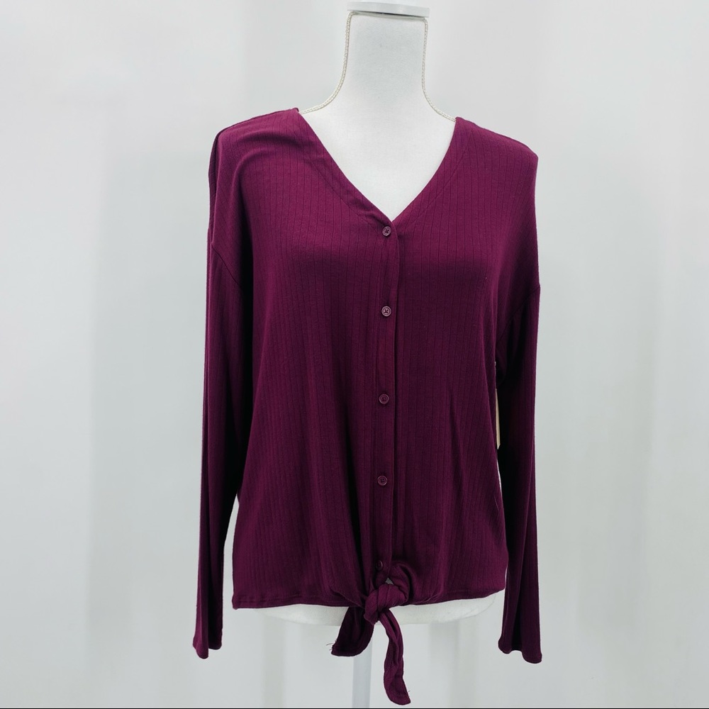 14th & Union Long Sleeve Top Ribbed Burgundy Fig Button Tie Front Medium P